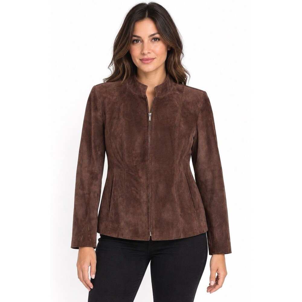 Preston & York Women M Brown Suede Leather Jacket Full Zip Y2K Minimalist VTG